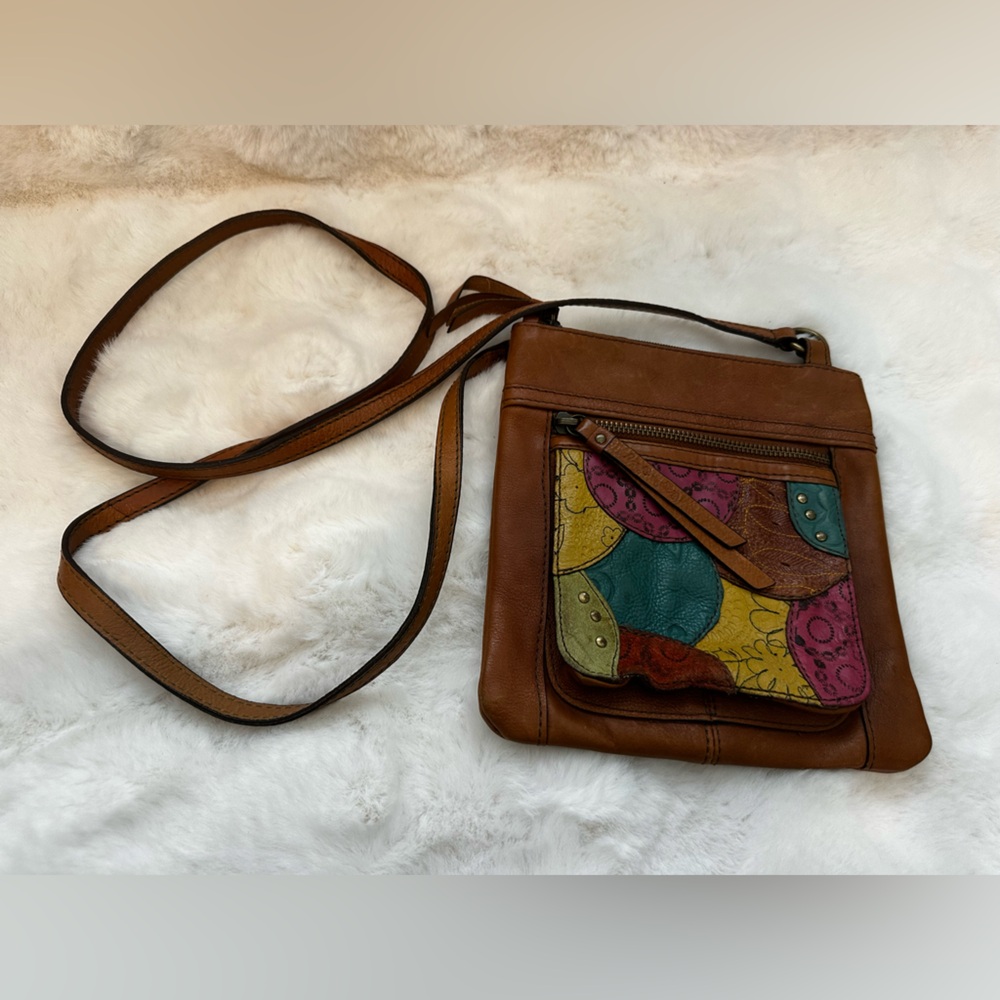 Fossil Brown Leather Crossbody Bag with Colorful Patchwork